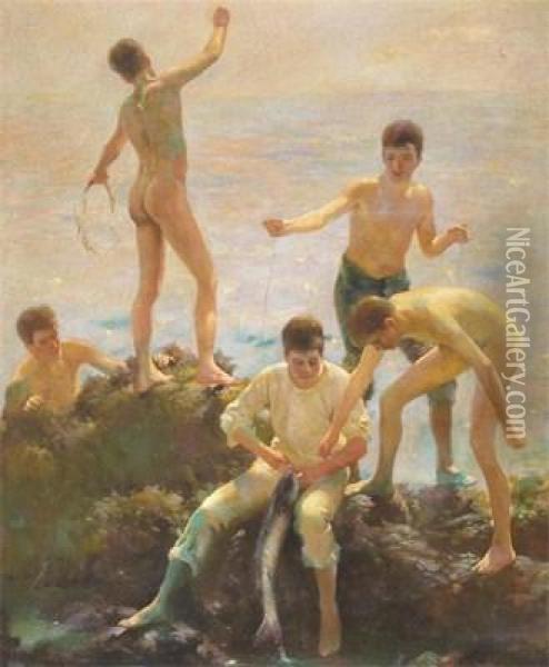 The Catch Oil Painting - Henry Scott Tuke