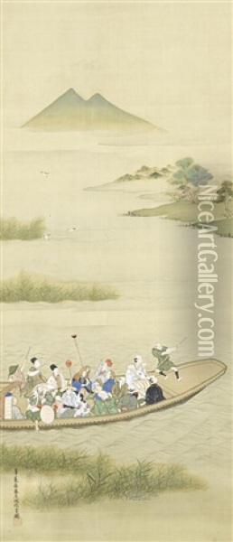 Untitled (a Disparate Group Of Travellers Including A Sarumawashi, A Shishimai Dancer, A Samurai, Pilgrims And Merrymakers Being Ferried Across The Marshlands) Oil Painting - Hanabusa Itcho
