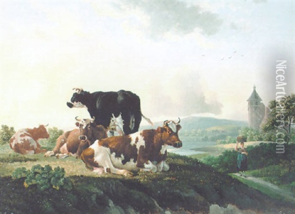 Cattle In A Landscape Oil Painting - Leendert de Koningh
