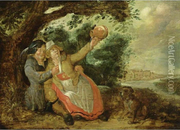 An Amorous Couple Drinking Under
 A Tree In A Landscape Together With A Dog, A View Of A River And A Town
 Beyond Oil Painting - David Vinckboons