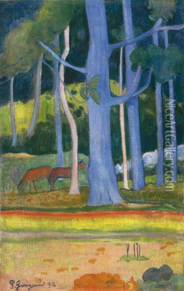 Paysage Aux Troncs Bleus Oil Painting - Paul Gauguin