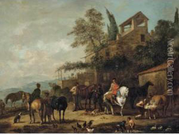 Cavaliers At A Blacksmith's Forge With A Horse Being Shod Oil Painting - Jan Peeter Verdussen