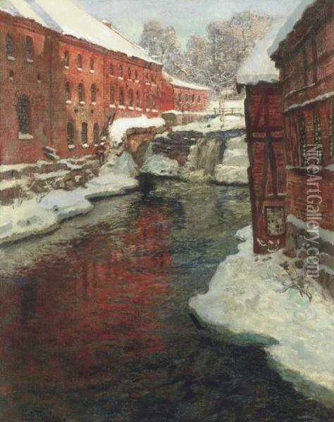 Snodekt By Med Elv Og Foss (snow-covered Town With Waterfall) Oil Painting - Fritz Thaulow
