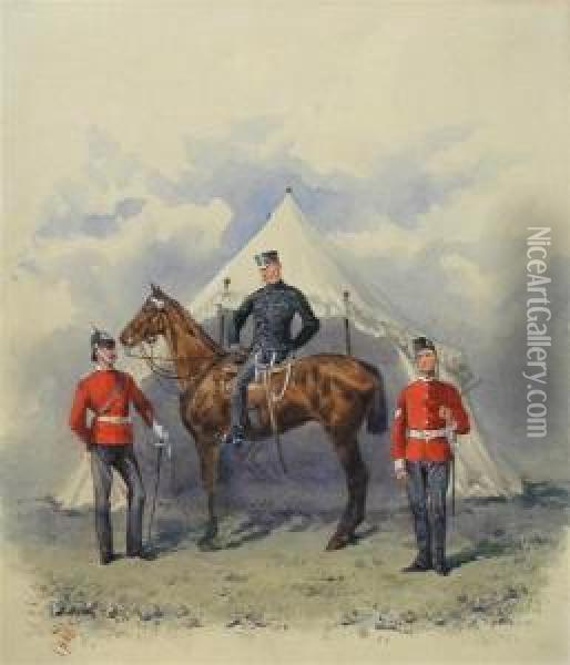 A Mounted Officer With A Sargent Corporal In Front Of A Campaign Tent Oil Painting - Reginald Augustus Wymer