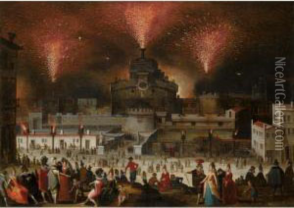 Rome, A View Of The Castel 
Sant'angelo During The 'girandole' With Elegant Figures Watching And 
Promenading In The Foreground Oil Painting - Louis de Caullery