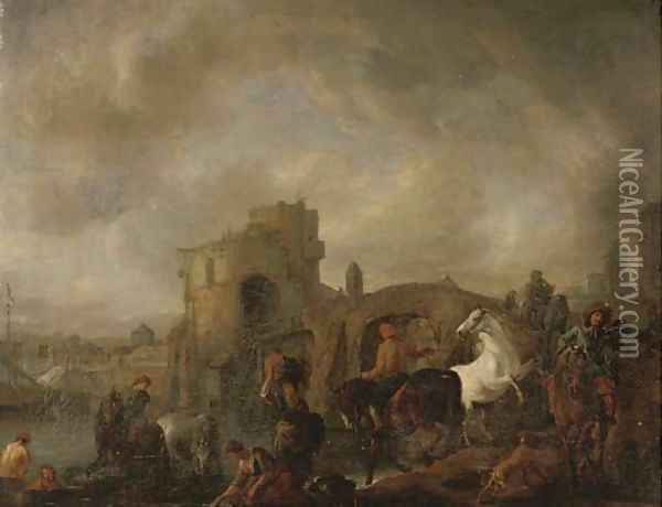 A hawking party with washerwomen and bathers, a ship, a bridge and a town beyond Oil Painting - Philips Wouwerman