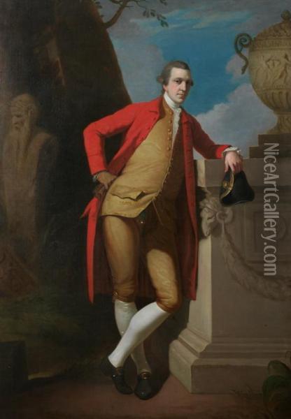 Portrait Of A Gentleman, Full Length, In A Red Coat, Buff Waistcoat And Breeches, Holding A Black Tricorn Hat Oil Painting - David Allan