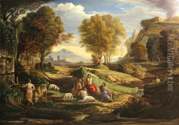 A Classical Landscape With Maidens And A Goatherd Oil Painting - Claude Lorrain