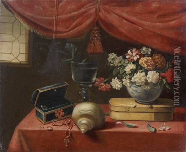 Nature Morte Au Coffret De Bijoux, Coquillage Et Vase De Fleurs Sur Un Entablement Oil Painting - Jacques Linard