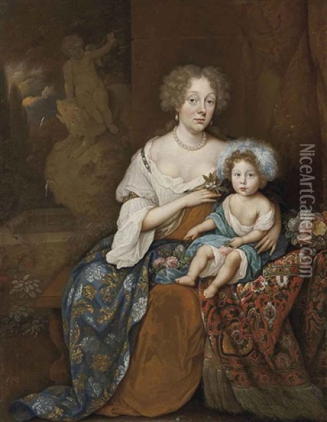 Portrait Of A Lady, Seated In A Brown And White Dress And An Embroidered Cloak, An Orange Blossom In Her Right Hand, With A Child Seated A Fountain Beyond Oil Painting - Johan van Haensbergen