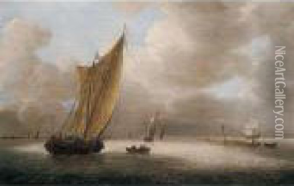 A Dutch Smalschip, A Frigate And Other Light Shipping In A Breeze Oil Painting - Hieronymous Van Diest