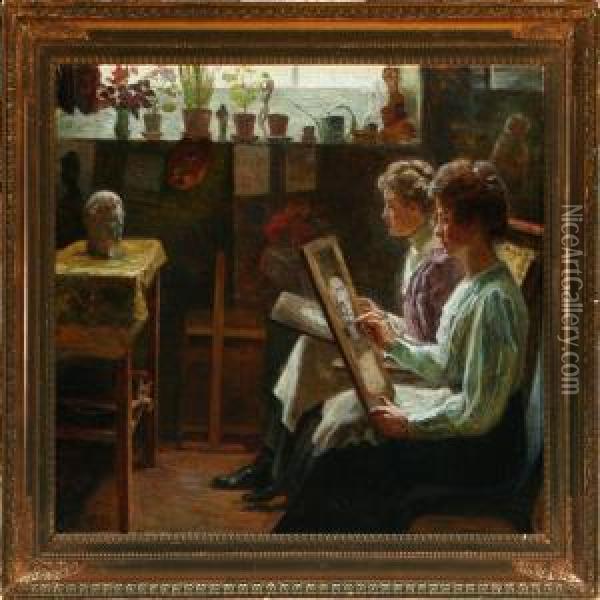 Two Women In A Studio Oil Painting - Caroline Van Deurs