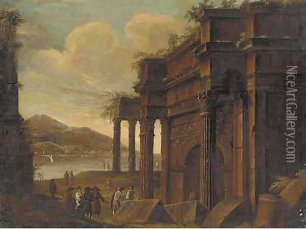 A capriccio of classical ruins with figures conversing Oil Painting - Viviano Codazzi