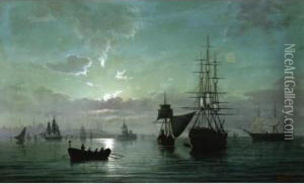 Navires Devant La Tour De Leandre A Constantinople Oil Painting - Emile Valentin