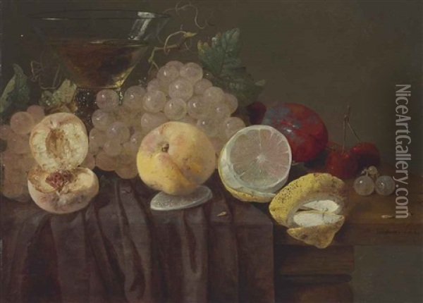 Grapes, Peaches, A Lemon, Plums, Cherries And A Roemer On A Partially-draped Table Oil Painting - Christiaan Luycks