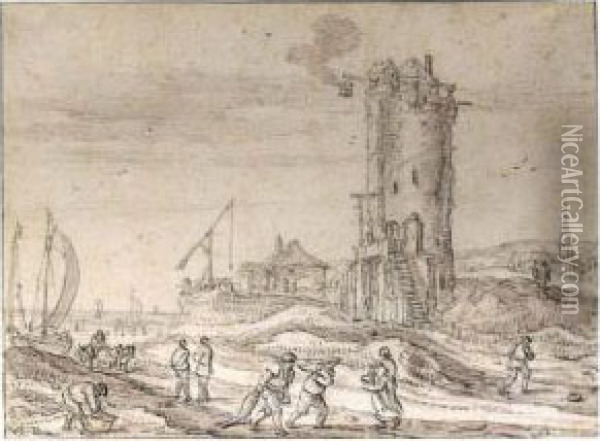 Fishermen And Beached Boats Before A Fire Tower Oil Painting - Esaias Van De Velde
