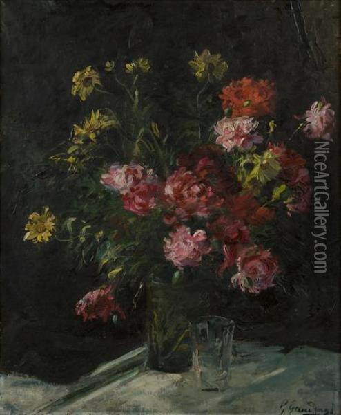 Natura Morta Con Fiori In Un Vaso E Bicchiere Oil Painting - Giuseppe Gaudenzi