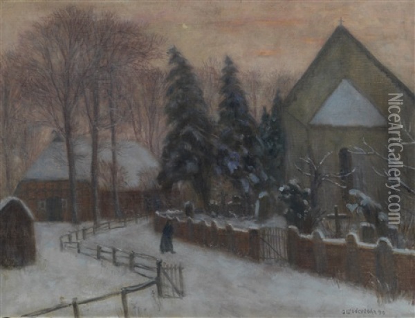 Winterabend, Fischerhuder Kirche Mit Heimathaus Oil Painting - Otto Modersohn