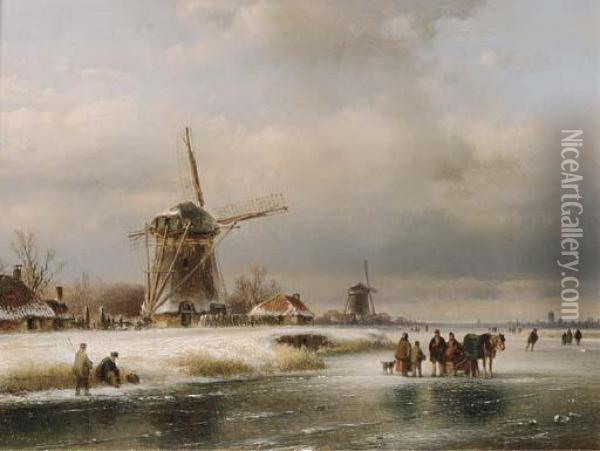 A Frozen Winter Landscape Oil Painting - Lodewijk Johannes Kleijn