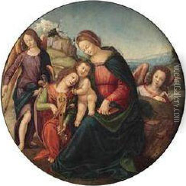 The Madonna And Child With Three Angels Oil On Panel Oil Painting - Piero Di Cosimo