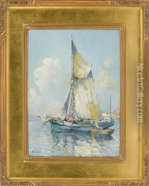 Sailboat And Skiff Moored Off The Coast Oil Painting - Arthur Vidal Diehl