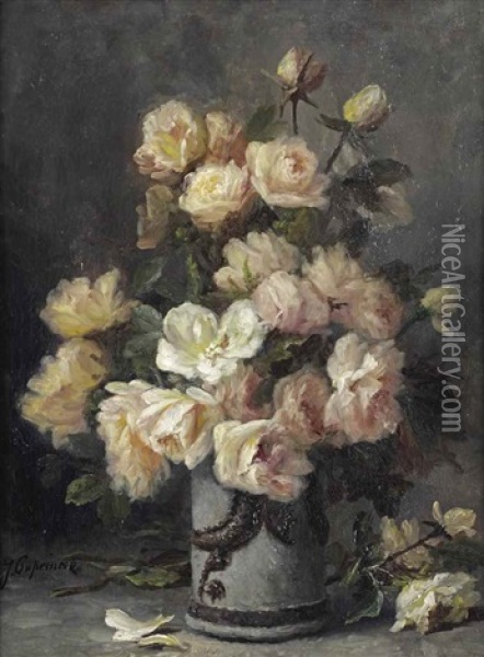 A Bouquet Of Pink And White Roses Oil Painting - Jean Capeinick