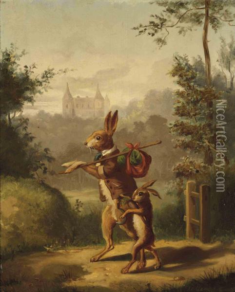 Two Hares With A Knapsack, A Castle Beyond Oil Painting - Bernard te Gempt
