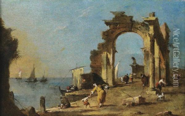 A Capriccio Of A Ruined Archway 
On The Edge Of The Venetian Lagoon, With A Mother Struggling With Her 
Child In The Foreground Oil Painting - Francesco Guardi