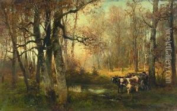 Holzfuhrwerk Im
 Herbstwald. Oil Painting - Wilhelm Velten