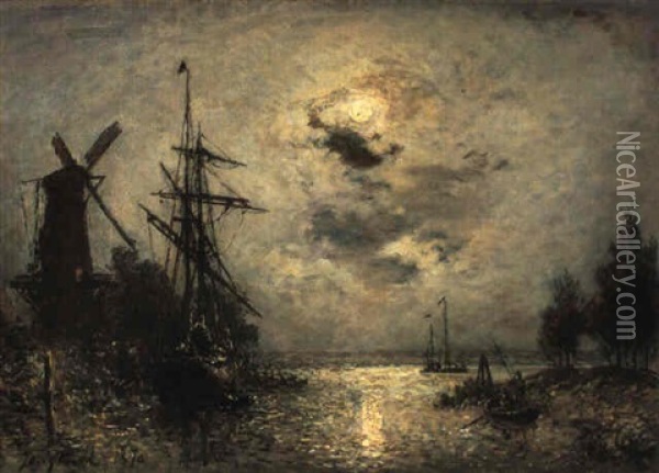 Canal Near Dordrecht In Moonlight Oil Painting - Johan Barthold Jongkind