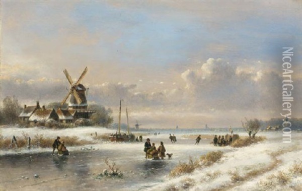 A Winter Landscape With Skaters On A Frozen River Oil Painting - Lodewijk Johannes Kleijn