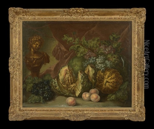 Still Life With Melons, Grapes, Peaches And A Classical Bust Oil Painting - Jan van Os