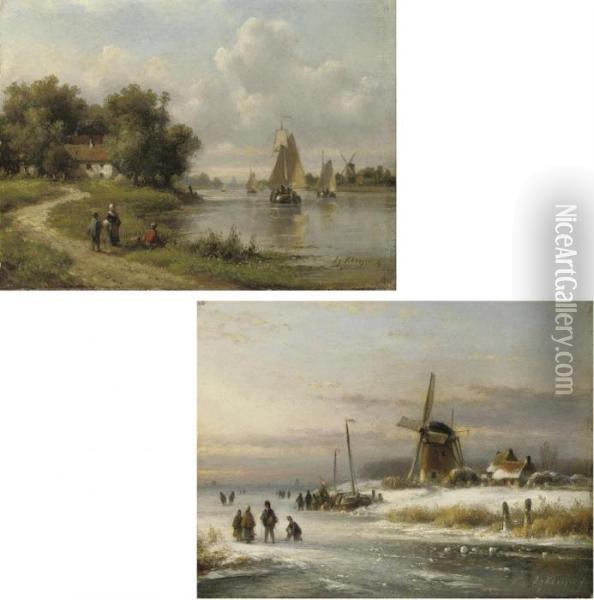 Skaters On The Ice Near A Windmill; And Fishing By The River In Summer Oil Painting - Lodewijk Johannes Kleijn