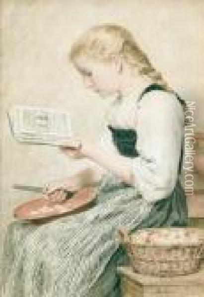 Sitzendes Lesendes Madchen Mit Apfeln Oil Painting - Albert Anker