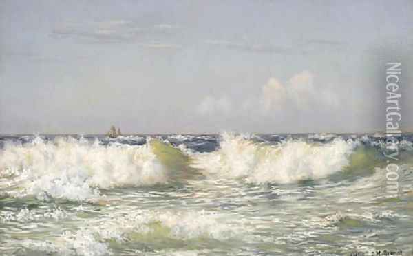 Breakers off the coast, a vessel beyond Oil Painting - Johannes Herman Brandt