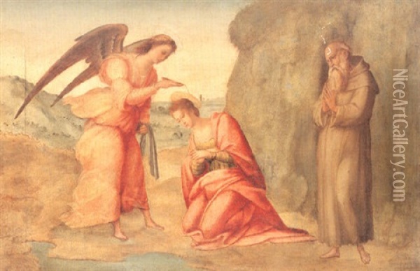 An Angel Baptizing Saint Apollonia And A Monk, Possibly     Saint Leonine, In Prayer In A Landscape Oil Painting - Francesco Granacci