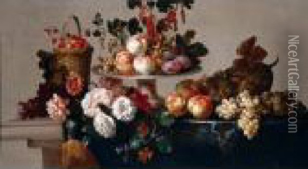 A Still Life Of Peaches, Plums, 
Currants And Hazelnuts On A Silver Platter, Strawberries In A Basket, 
Together With Grapes, Apples, A Melon, Peonies And Zinneas On A Stone 
Table Draped With A Cloth Oil Painting - Jean-Baptiste Monnoyer