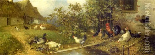 Chickens And Ducks By A Stream Oil Painting - Julius Scheuerer