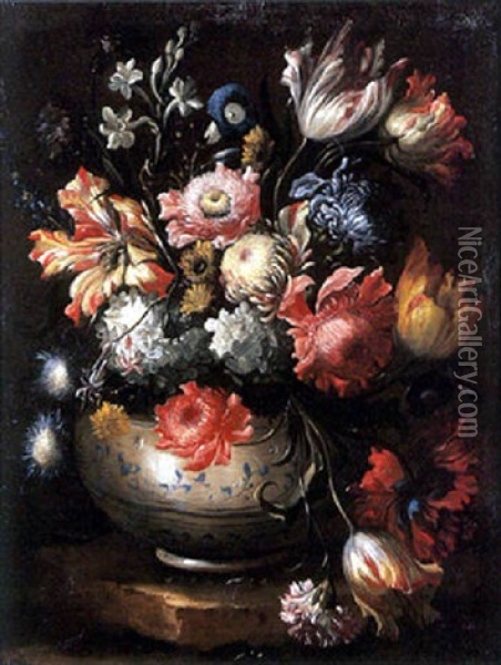 Nature Morte Au Bouquet De Fleurs Dans Un Vase En Faience Oil Painting - Nicola Casissa