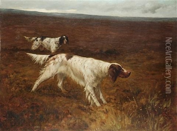 The English Setter "carta Carna", The Property Of F.c. Lowe Esq., Working On A Moor Oil Painting - Maud Earl
