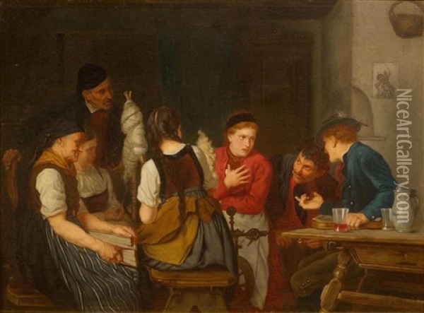 Seven People In Rustic Room Oil Painting - Eduard Kurzbauer