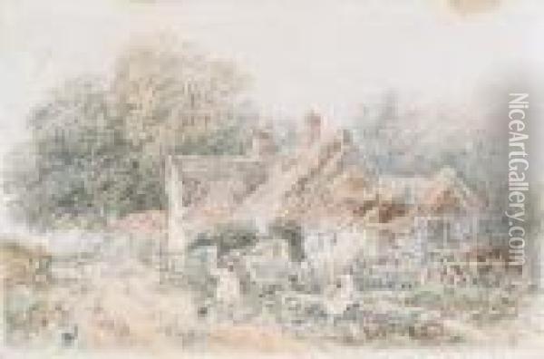 Figures By A Thatched Cottage Oil Painting - Myles Birket Foster