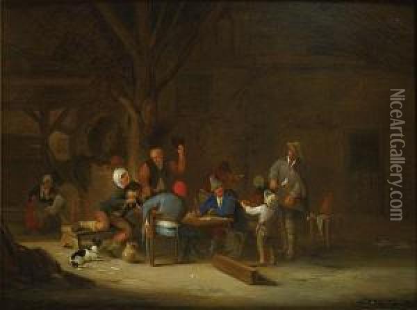 A Barn Interior With Peasants Drinking, Smoking And Making Music Oil Painting - Ferdinand de Braekeleer