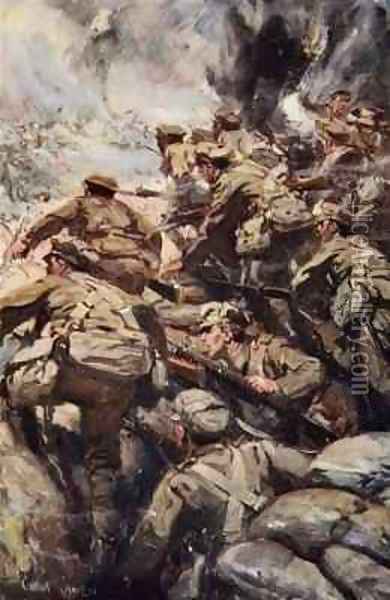 Repulsing a frontal attack with rifle and bayonet Oil Painting - Cyrus Cuneo