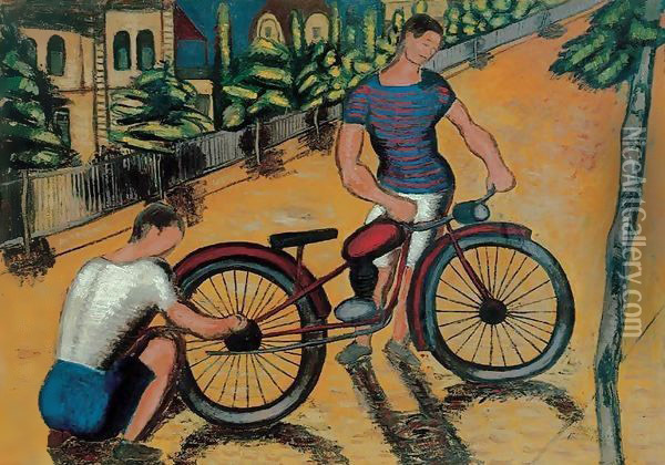 Boys with Motorbike c 1930 Oil Painting - Geza Bornemisza