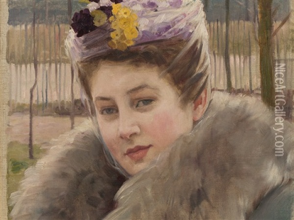 Lady With Fur Oil Painting - Louis Welden Hawkins