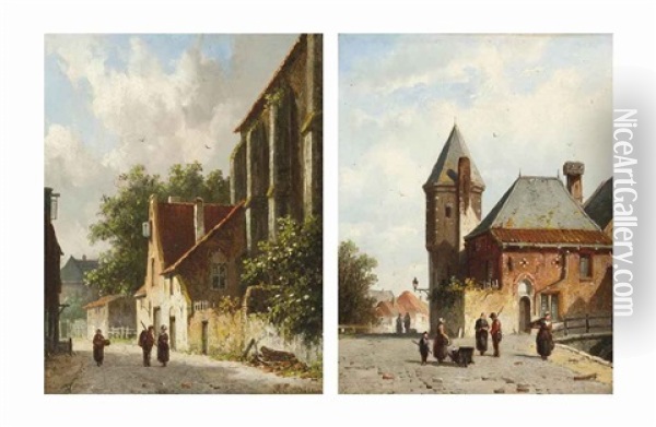 Figures In Utrecht And Leyden (pair) Oil Painting - Adrianus Eversen