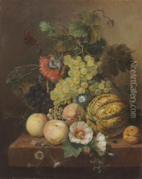 Grapes, Peaches, Melon And An Apricot On A Marble Ledge Oil Painting - Eelke Jelles Eelkema