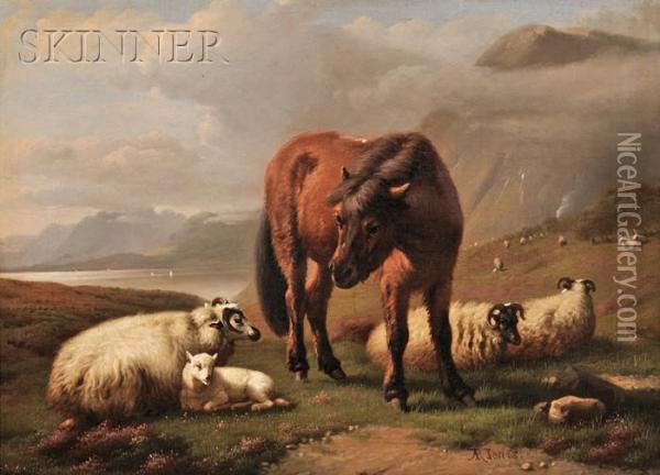 Highlands Landscape With Sheep And Pony Before A Loch Oil Painting - Adolphe Robert Jones