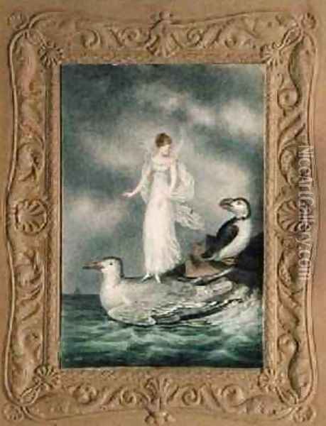 A fairy standing on the back of a guillmot watched by a puffin 1817-29 Oil Painting - Amelia Jane Murray
